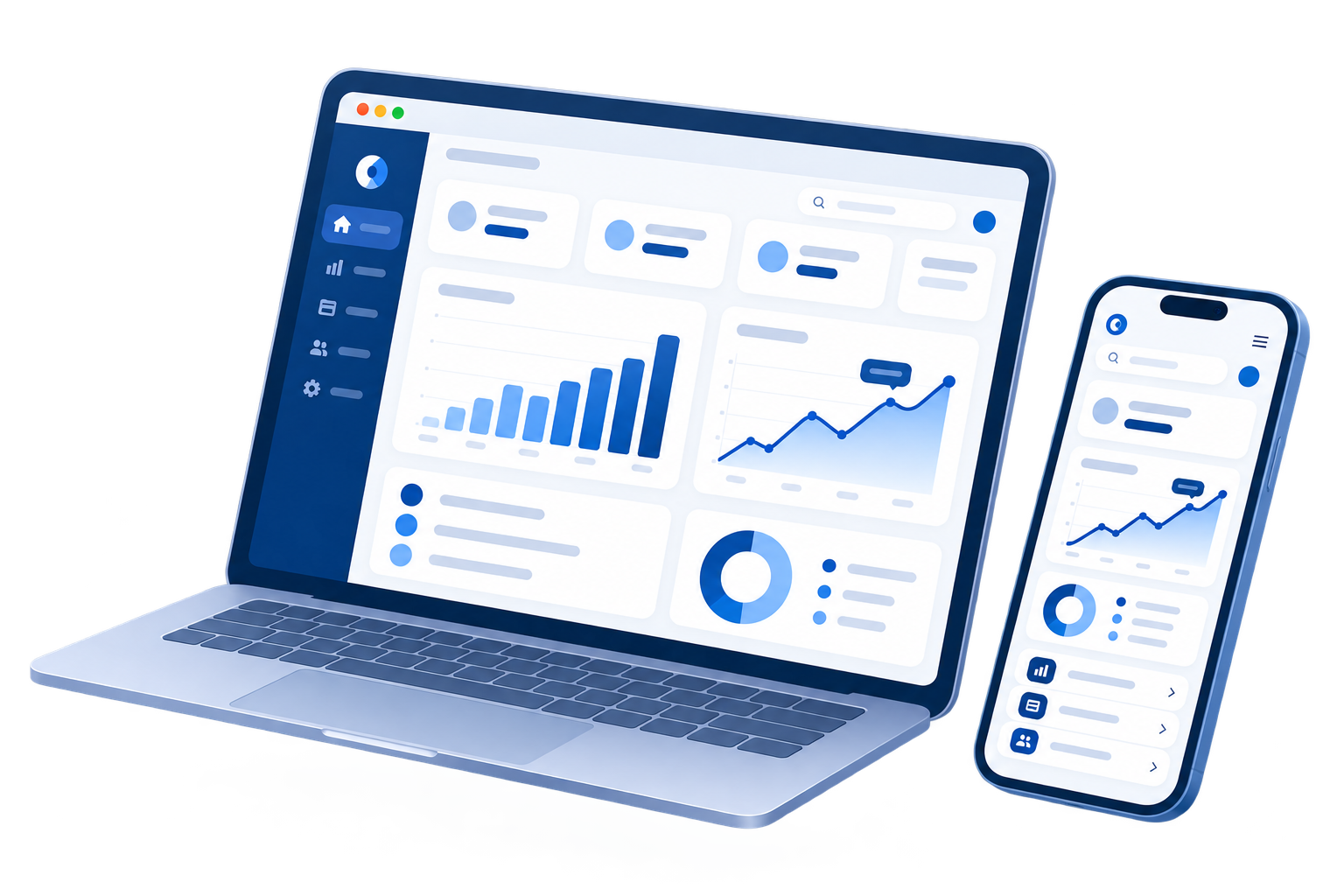 Plataforma SGECONT exibida em notebook e celular, com indicadores e dashboard de gestão